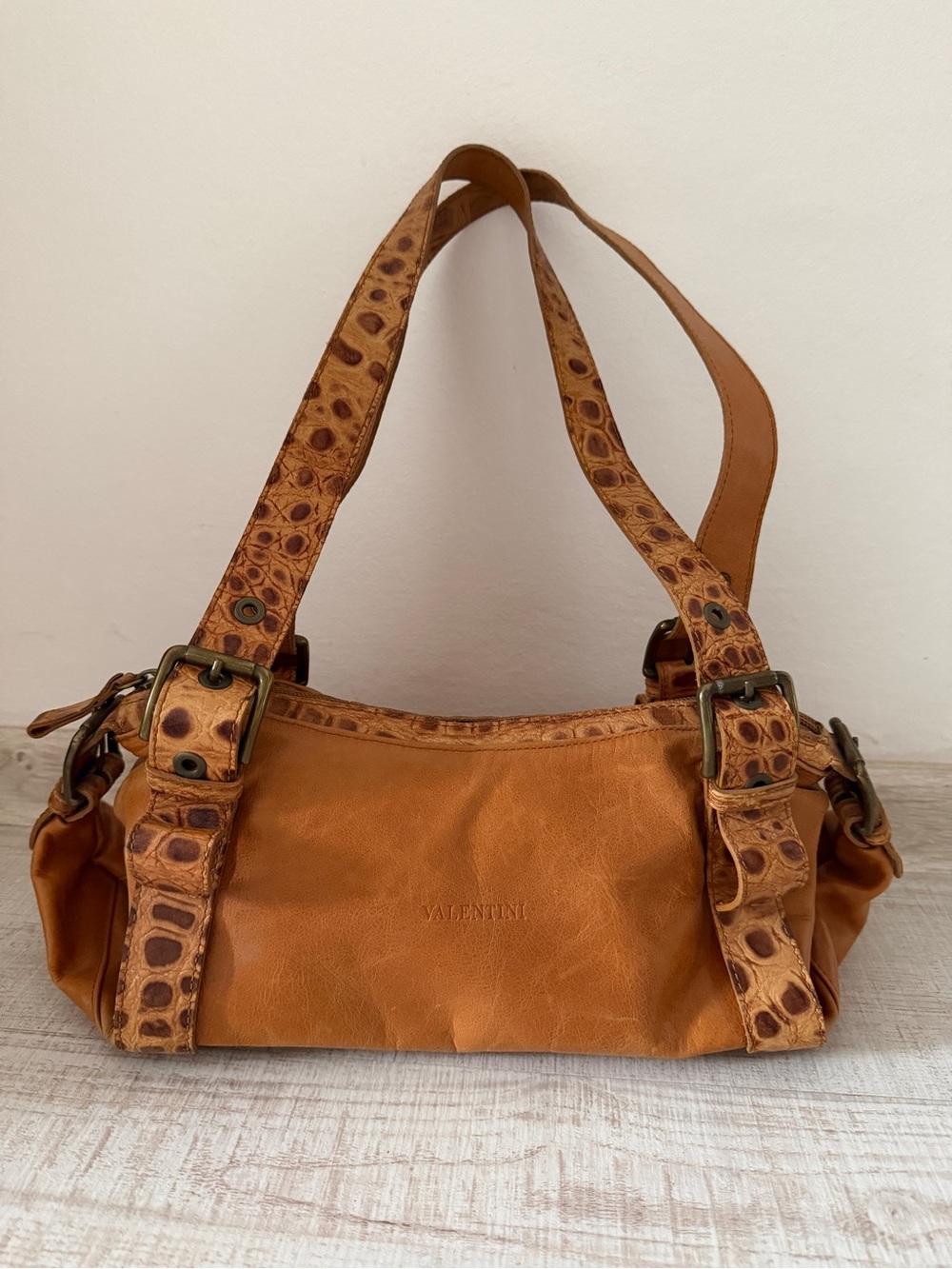 Valentini Tan Leather Shoulder Bag with Textured Straps